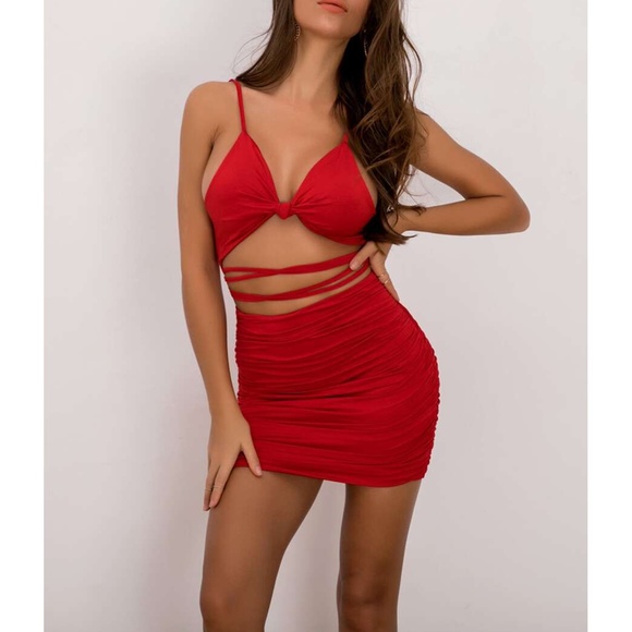 MBM Unlimited Dresses & Skirts - Red Front Knot Lace Up Ruched Sexy Mini Dress